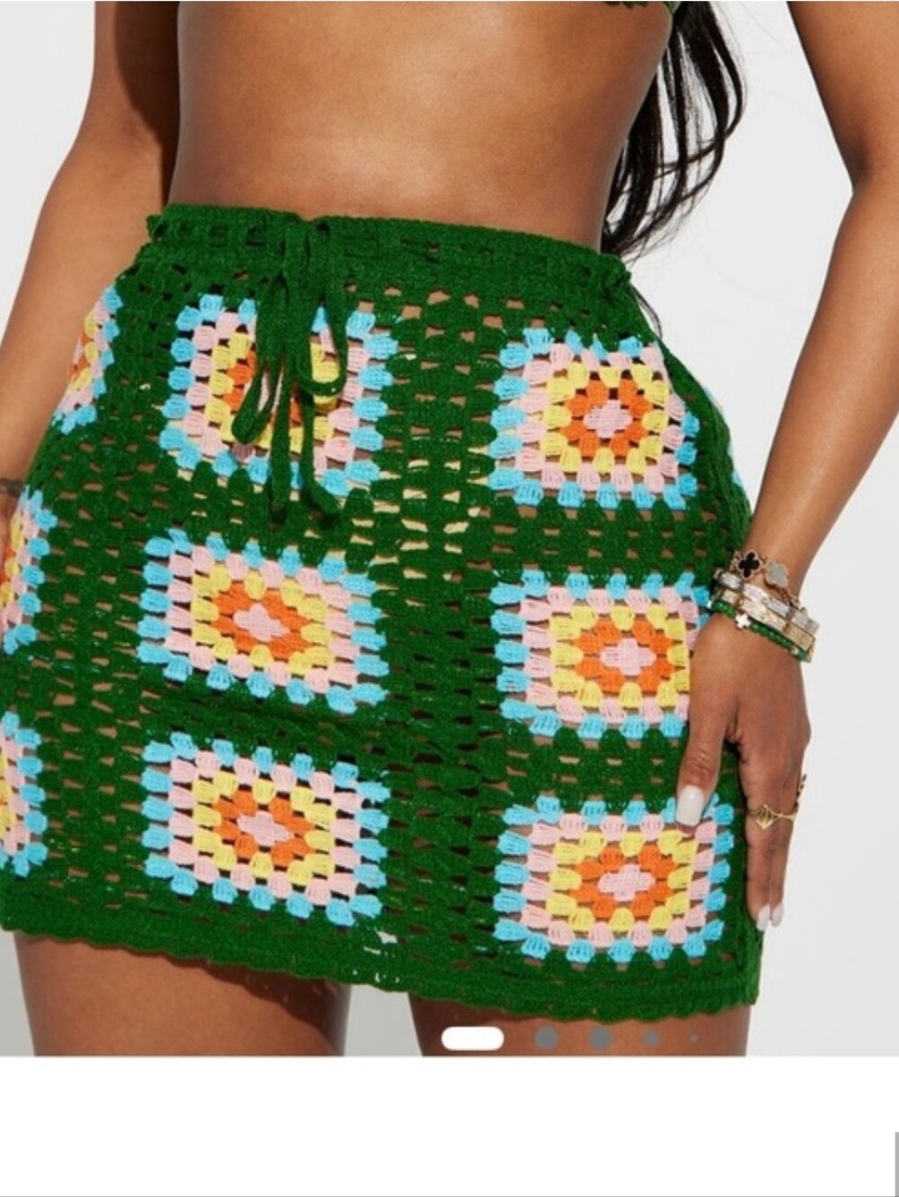 Fashion Nova Small Green Crochet Square Mini Skirt Granny Core Tie Front